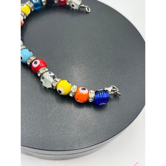 Sterling Silver Evil Eye Multicolor Glass Beads Rhinestone Protection Bracelet - Picture 7 of 10